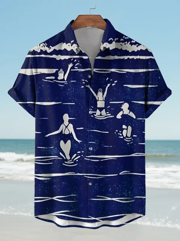 Men's Playing At The Seaside Cartoon Art Print Shirt
