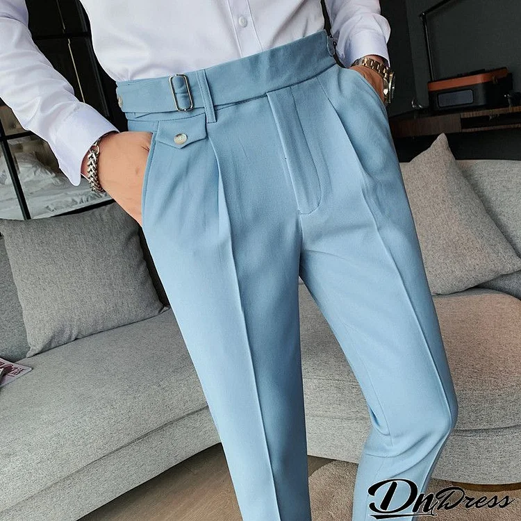 Dress Pants Men Business Casual Slim Formal Solid Color Buttoned Pants