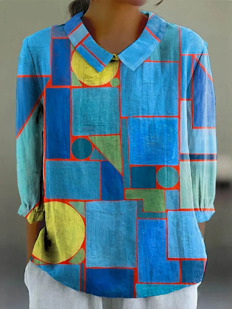 Women's Abstract Geometric Pattern Art Print Casual Cotton And Linen 3/4 Sleeve Shirt