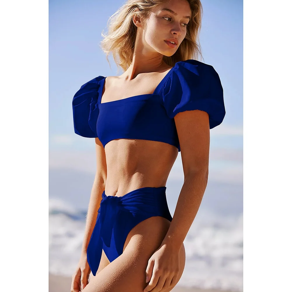 2023 Sexy Women High Waist Bikini Swimsuit Puff Sleeve Swimwear Female Bandeau High Cut Thong Brazilian Bikini Set Bathing Suit