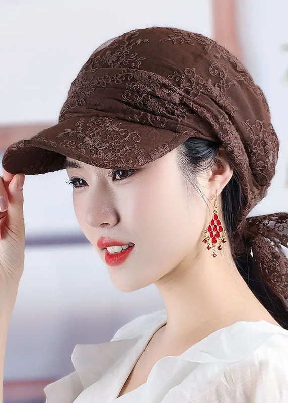 Women Chocolate Embroidery Floral Tulle Baseball Cap Hat