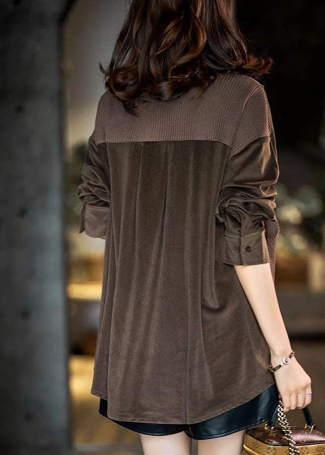 Women Coffee Peter Pan Collar Knit Patchwork Fake Two Piece Shirts