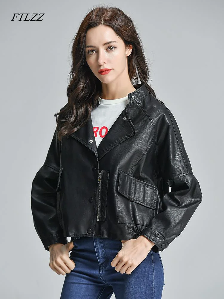 FTLZZ Harajuku Faux Leather Jacket Women Batwing Sleeve Pocket Black Biker Coat Female Spring Autumn Pink Basic Outwear