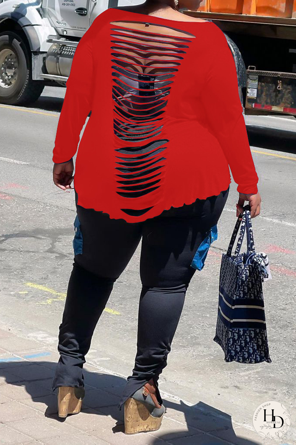 Tangerine Red Sexy Solid Ripped Off the Shoulder Plus Size Tops
