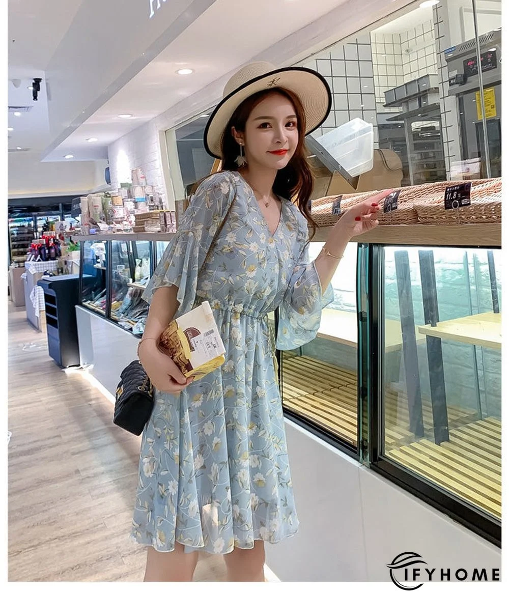 Spring Summer Chiffon Women V-Neck Floral Print Short Dresses Sweet Ruffle Sleeeve Slim Drawstring Ladies Dress | IFYHOME