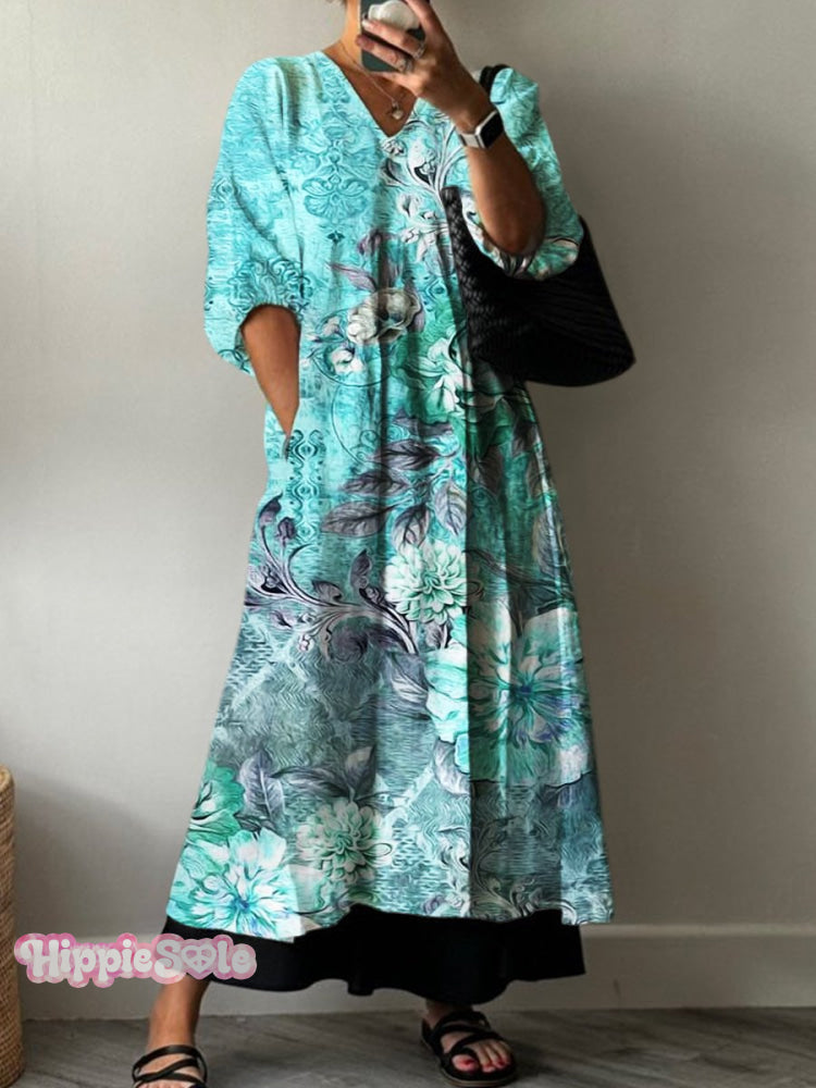 Art Print Pocket V-Neck Cotton Dress Multicolor / S