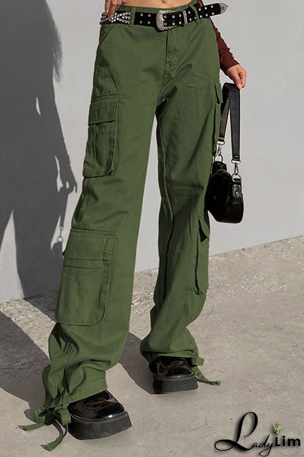 Green Street Solid Patchwork Pocket High Waist Straight Solid Color Bottoms