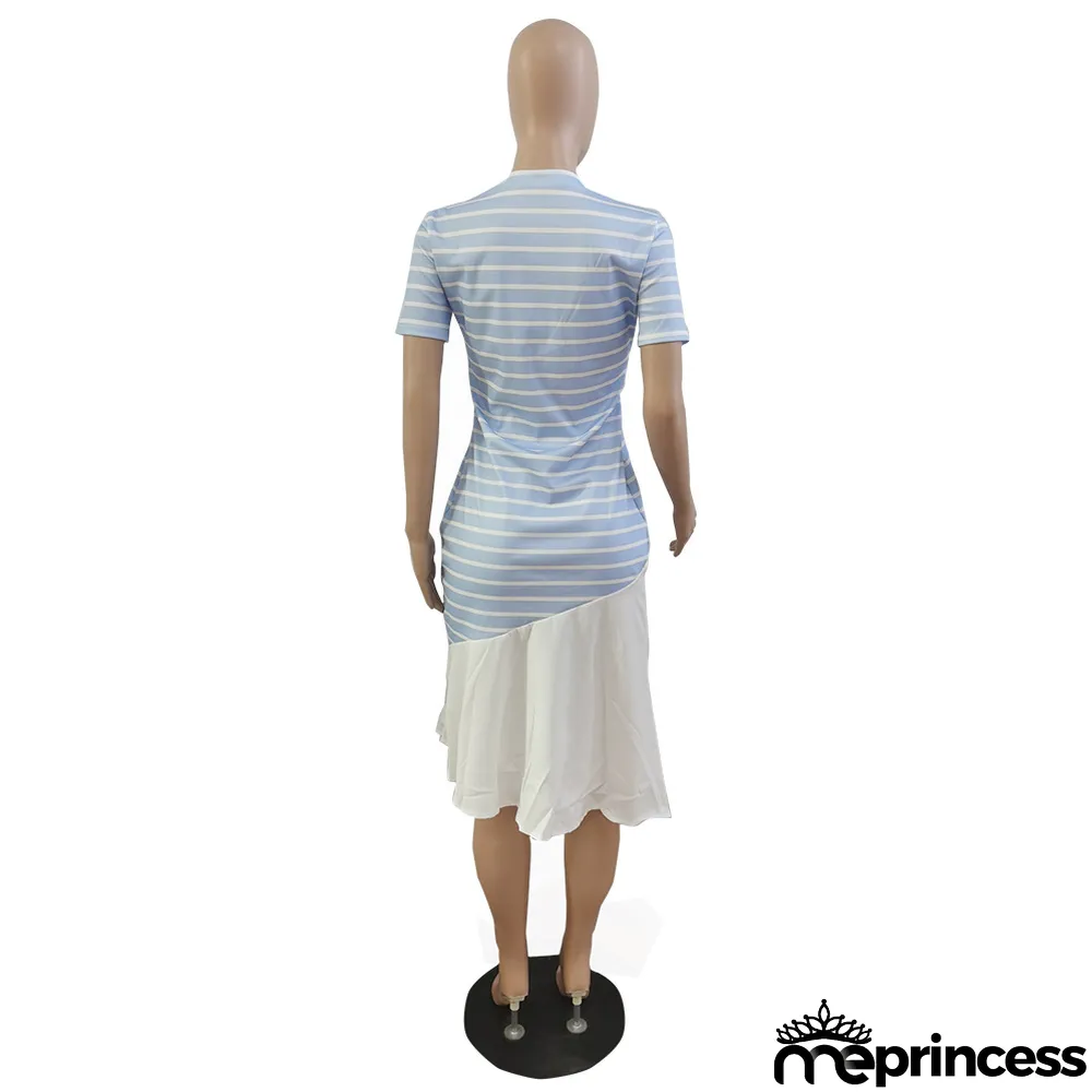 Women'S Spring Summer Stripe Print Patchwork Short Sleeve Dress Without Belt