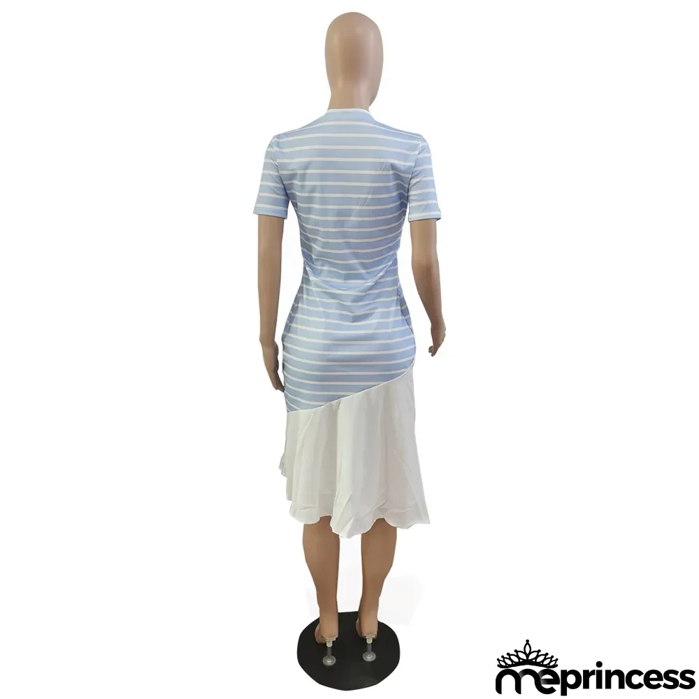 Women'S Spring Summer Stripe Print Patchwork Short Sleeve Dress Without Belt