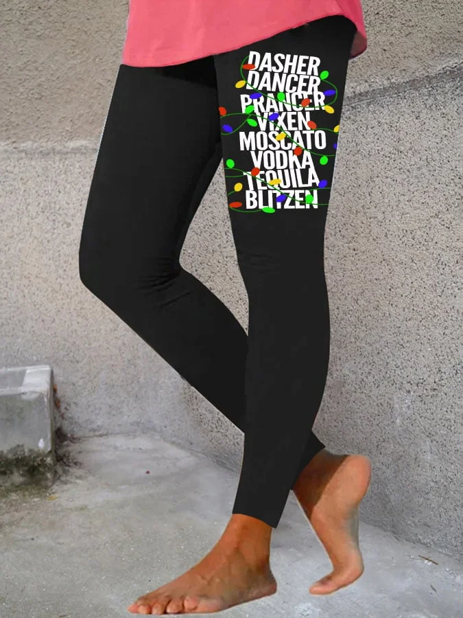 Women's Dasher Dancer Prancer Vixen Moscato Vodka Tequila Blitzen Print Leggings