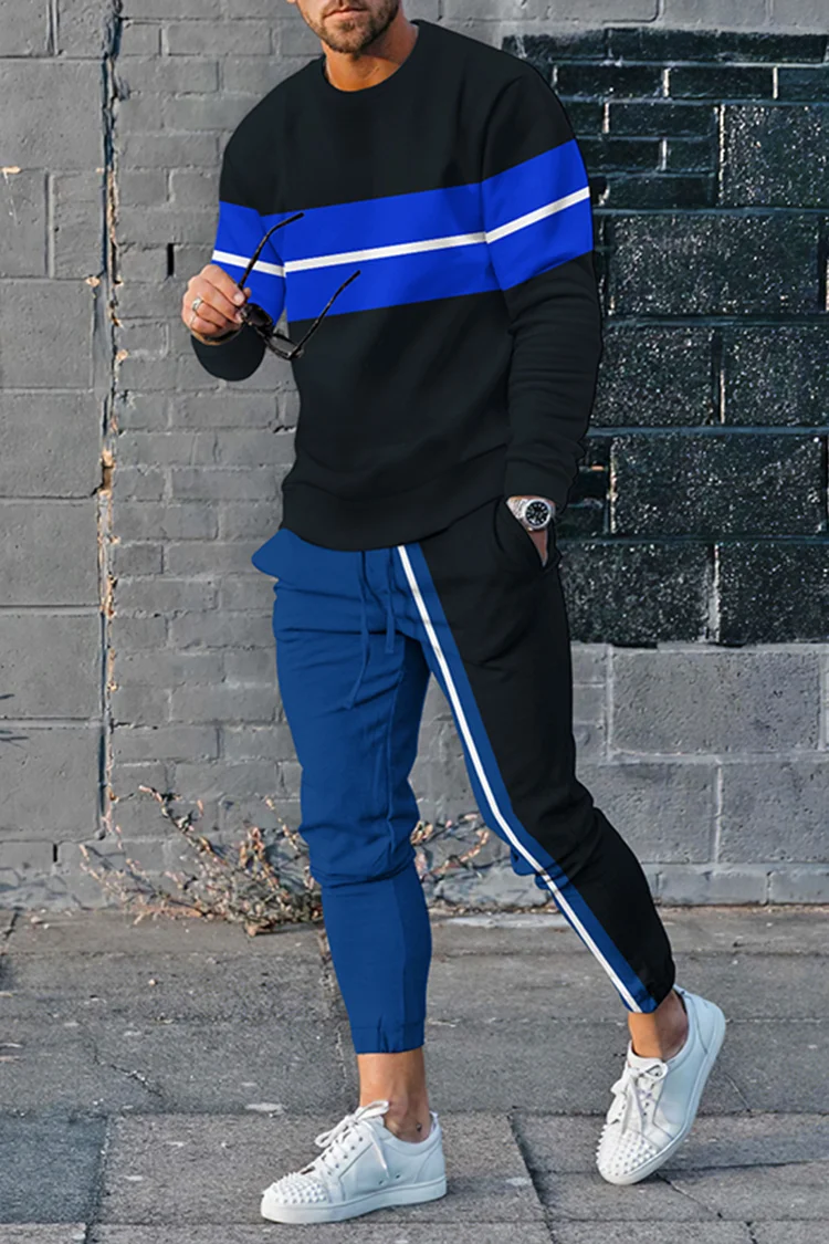 Blue And White Stripes Tracksuit Two Piece Set