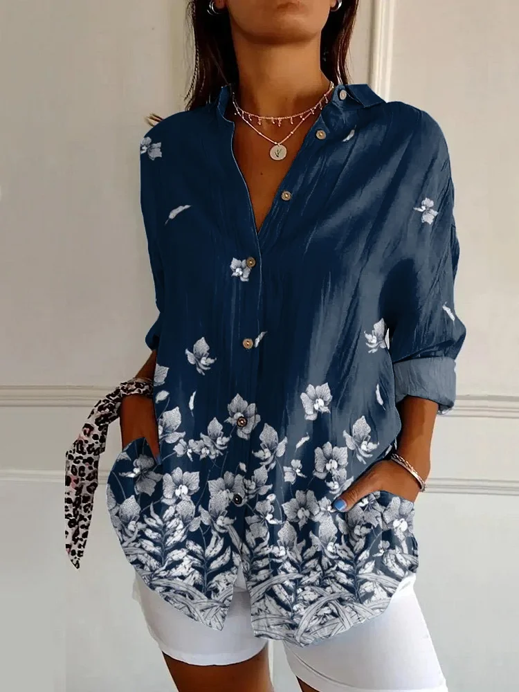 Japanese Classic Flower Drop Art Print Casual Long-sleeved Shirt