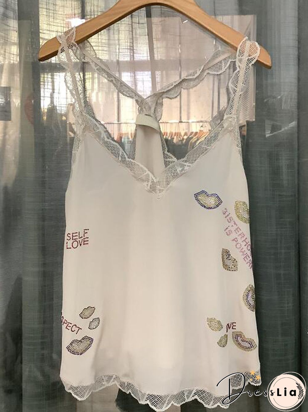 Silk Women New Style Romantic Neckline Exquisite Lace Stitching Letter Printing Girls Camis Vest