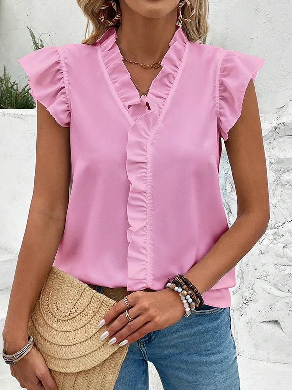 Solid Color Ruffle Trim Pleated Sleeveless Loose V-Neck Blouses&Shirts Tops
