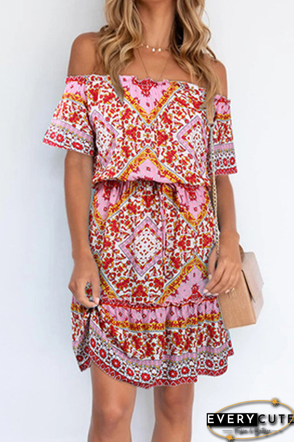 Bohemian Print Split Joint Off the Shoulder A Line Dresses