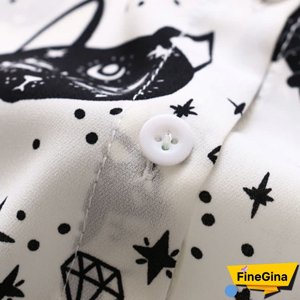 Kitty Print Long Sleeve Lapel Chiffon Shirt