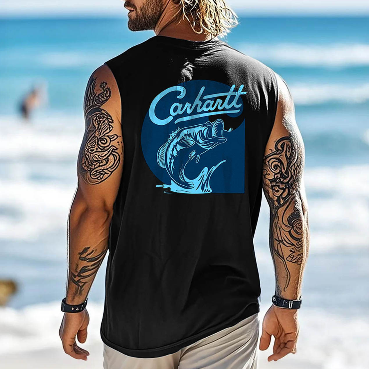 Men's Vintage Surfing Fishing Graphic Print Round Neck Sleeveless Tank Top / TECHWEAR CLUB / Techwear