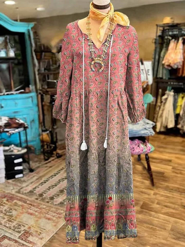 Women's Vintage Bohemia Floral Print Long Sleeves Cotton Dress