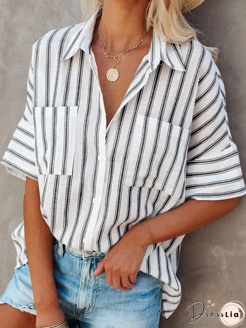 Single-breasted Loose Five-quarter Sleeves Striped Blouses
