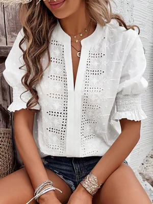 Image of Solid Color Hollow Embroidered Elasticity Puff Sleeves Loose V-Neck Blouses&Shirts Tops