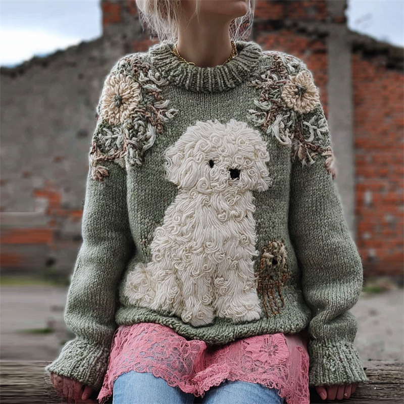Vintage Lovely Fuzzy Dog Floral Beaded Cozy Knit Sweater