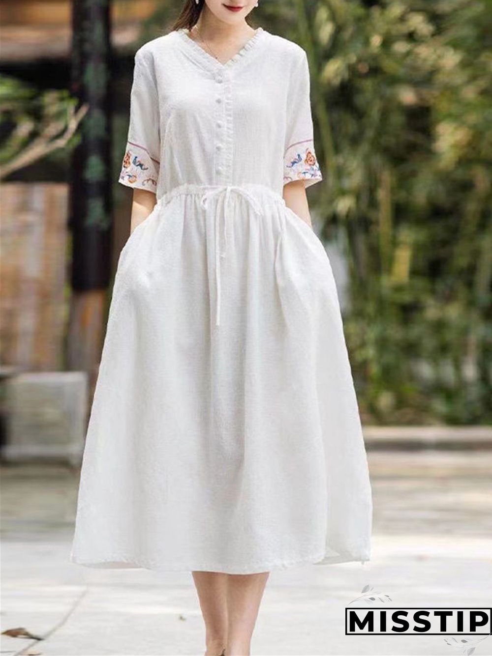Embroidered V-neck Cotton Linen Dress Loose Lace Up Long Skirt