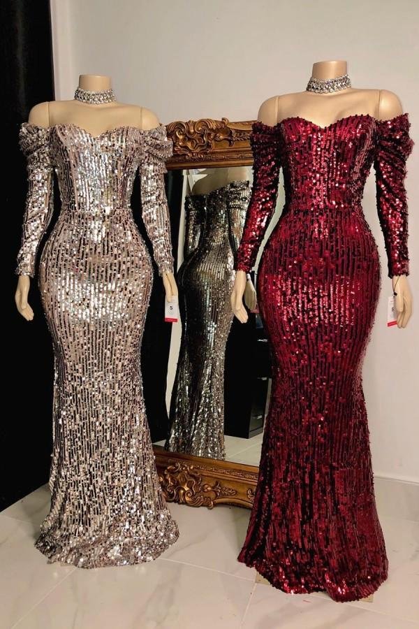 Off-the-Shoulder Long Sleeves Sequins Prom Dress Mermaid Long Evening Gowns - lulusllly