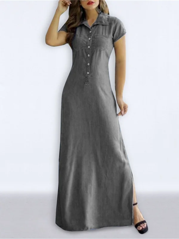 Split-side Pockets Buttoned Short Sleeves Plus Size Lapel Maxi Dresses