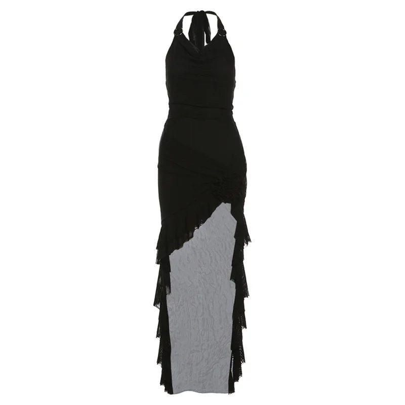 Uveng 2024 Summer New Women's Solid Color Sexy Hottie Hanging Neck Girded Mesh Dress