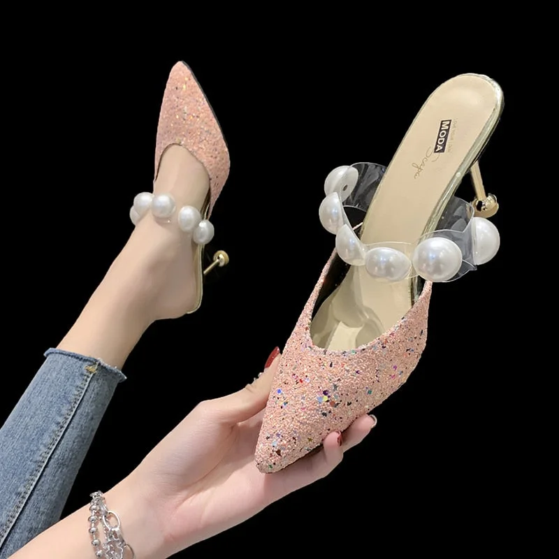 34-40 Pearl Black Sandals Women Summer Autumn Shoes Woman Thin Heels 2022 Womens Outdoor High Heels Woman Mules