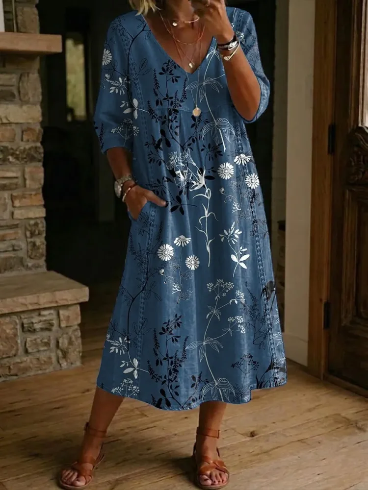 Women's Retro Flower Pattern Print Cotton-linen Dress