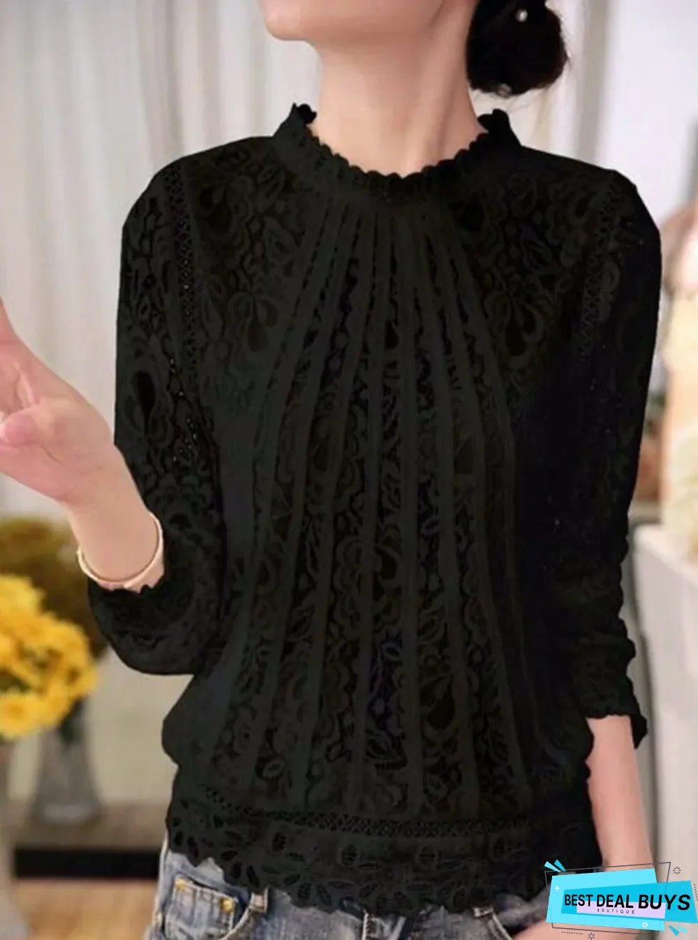 Band Collar Embroidered Lace Blouses