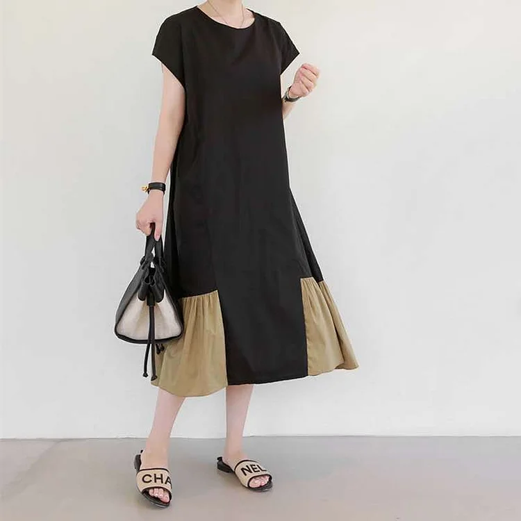 Urban Style Color Blocking Short Sleeve Midi Dress