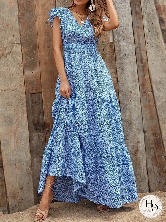 Dresses Floral V-Neck High Waist Ruffle Dress for Women