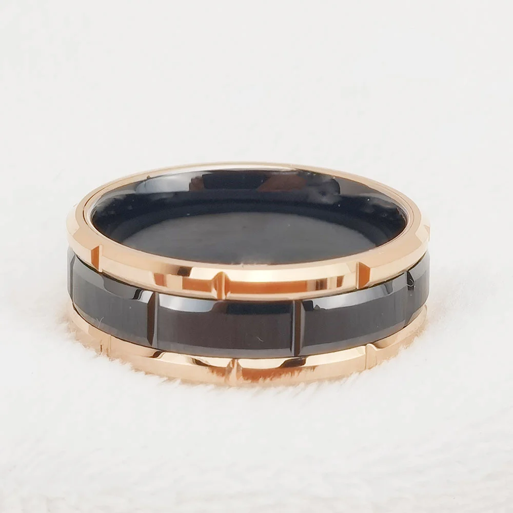8MM Women's Or Men's Tungsten Carbide Wedding Rings Duo Tone Black and Rose Gold Brick Pattern Comfort Grooved Fit