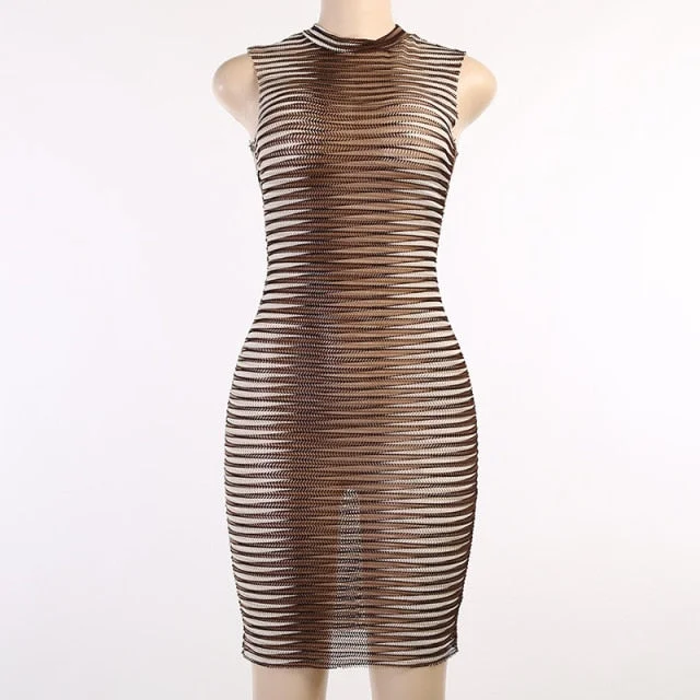 Sleeveless See Through Striped Mini Dress