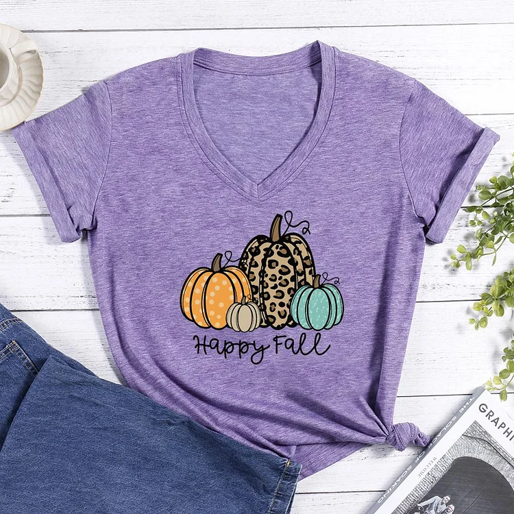HAPPY FALL pumpkin V-neck T Shirt-Annaletters
