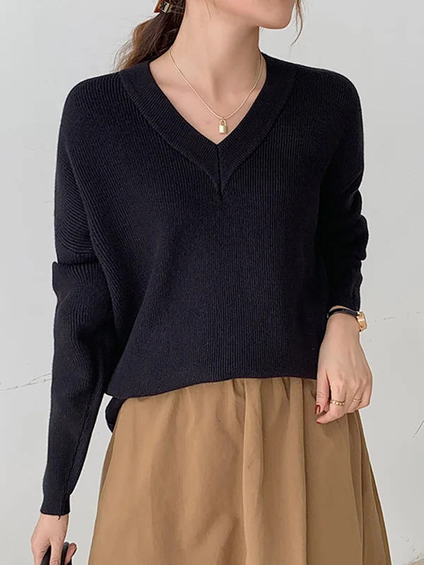 Casual Roomy 5 Colors V-Neck Long Sleeves Sweater Top