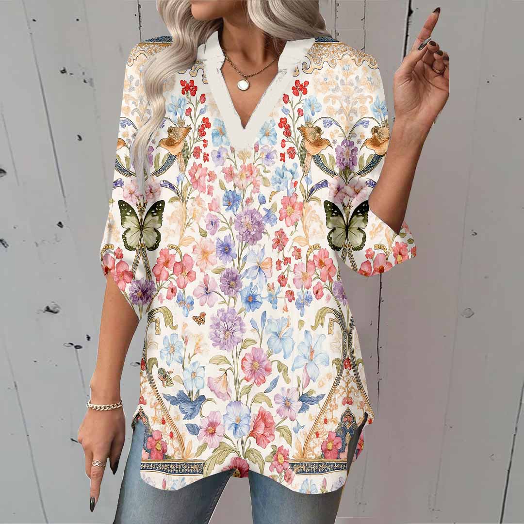 Women Floral,Butterfly,Yellow,Red DZGA0259 3/4 Sleeve V-neck Printed Graphic Button Tops