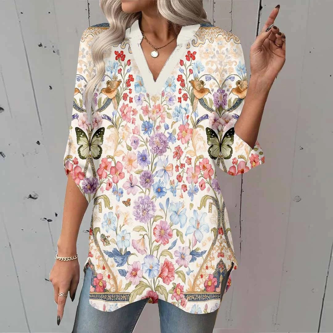 Women Floral,Butterfly,Yellow,Red DZGA0259 3/4 Sleeve V-neck Printed Graphic Button Tops
