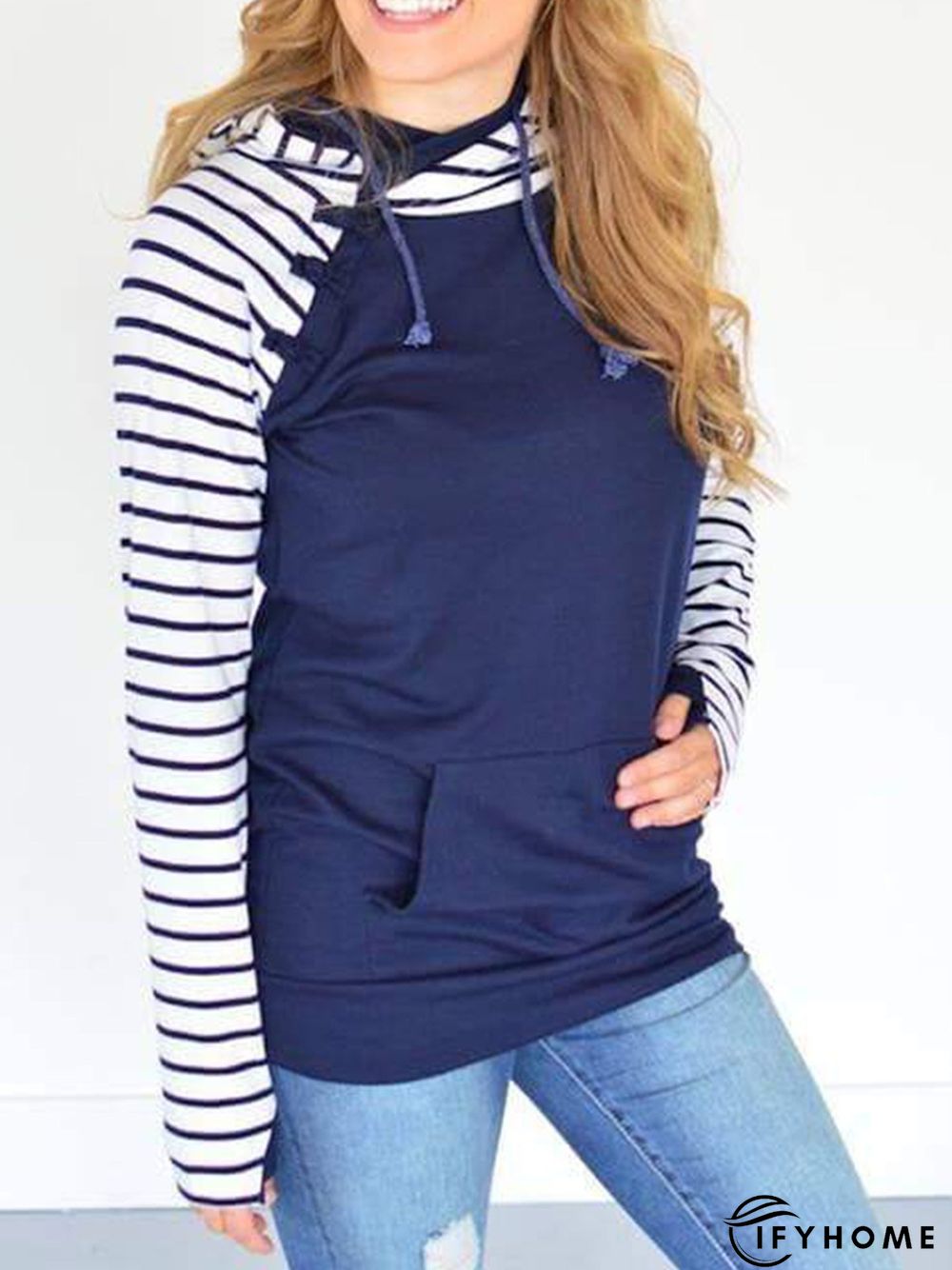 Blue Printed Long Sleeve Casual Sweatshirt | IFYHOME
