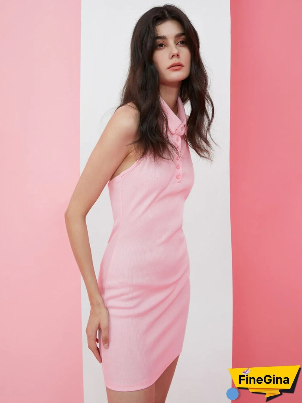 Pink Halter Ribbed Open Back Button Mini Bodycon Dress