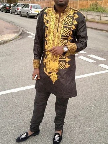 Men's chic and casual black printed long sleeve two-piece set