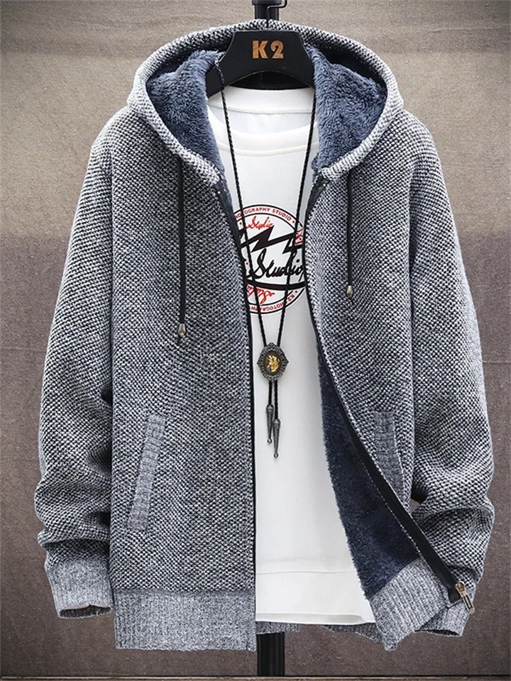 Fleece Thick Casual Large Size Sweater Jacket Hooded Cardigan Men's Daily Zipper Knitted Jacket