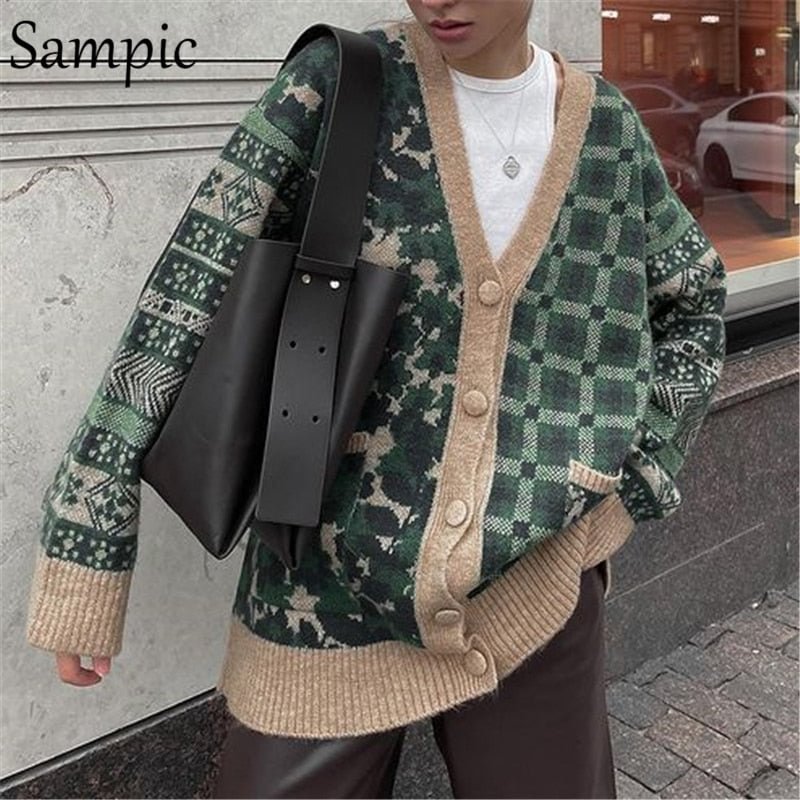 Sampic 2021 Autumn Winter Female Knitted Cardigans Women Coat Y2K Print V Neck Oversized Sweater Jumpers Casual Long Sleeve Tops