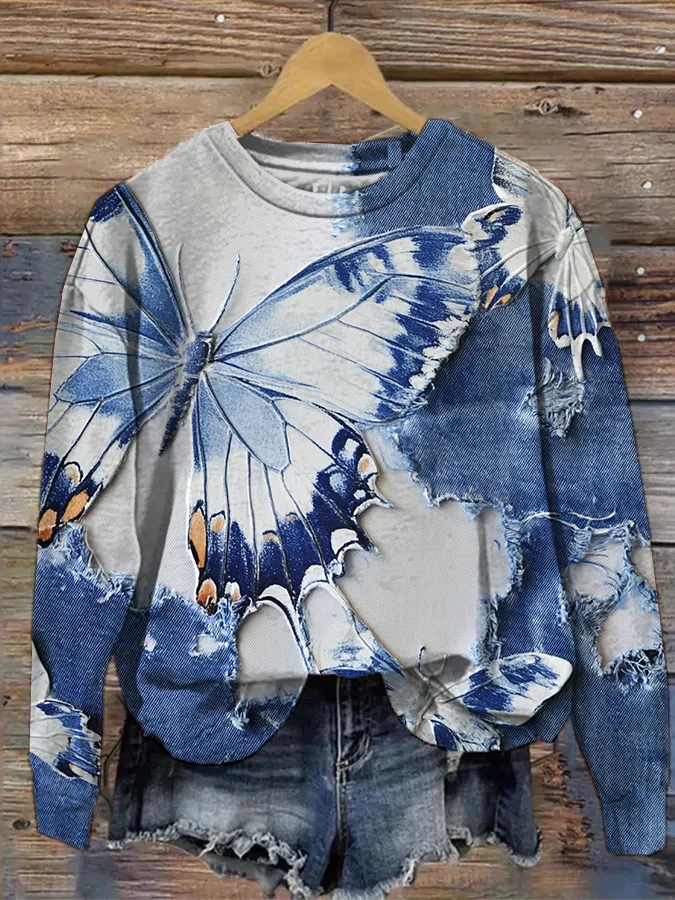 Women's Frayed Butterfly Art Print Casual Sweatshirt