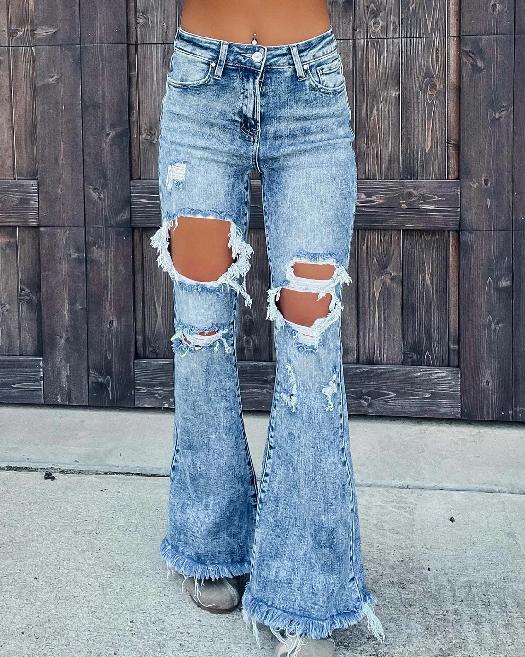 Casual tattered washed denim flared Jeans