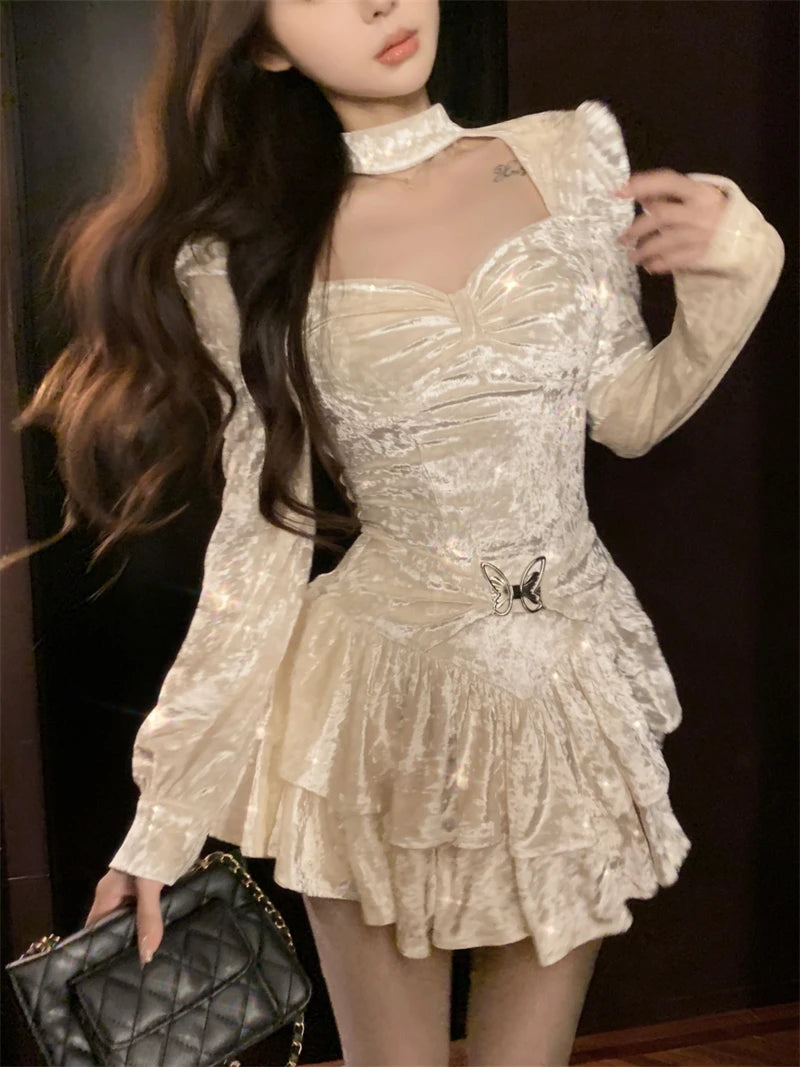 LANFUBEISI Summer butterfly tie fairy princess dress  new sequin mesh sweet girl puff sleeve dress dress for women short prom dress LANFUBEISI