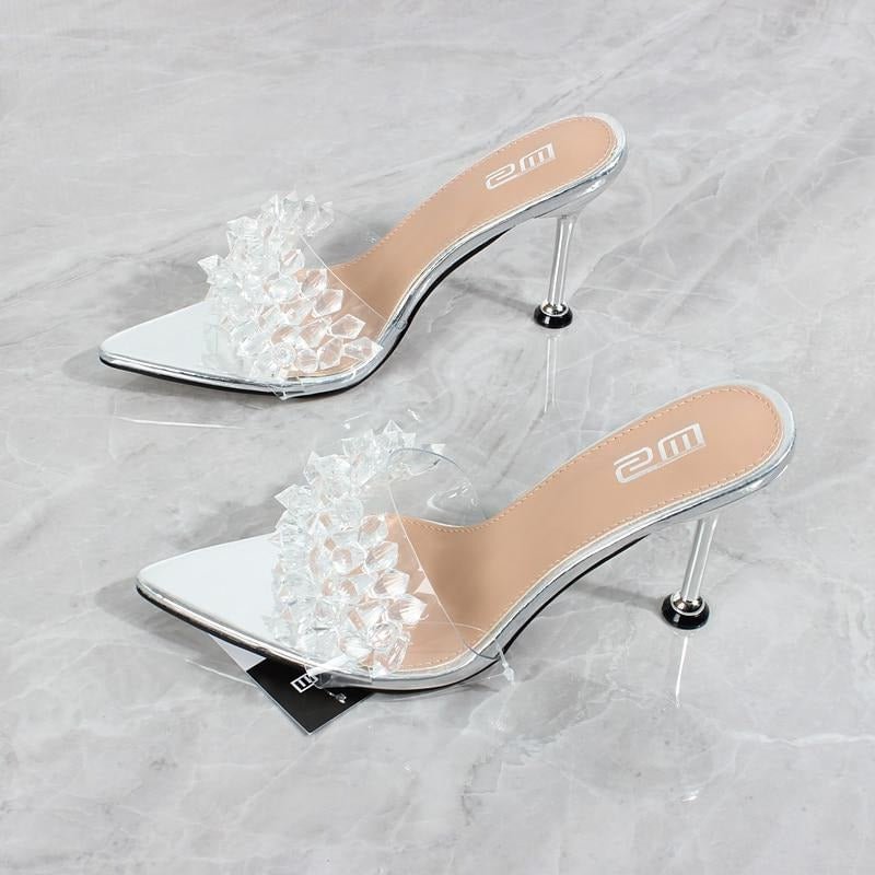 Women's Slippers Pointed Toe Crystal String Bead PVC Stiletto High Heels