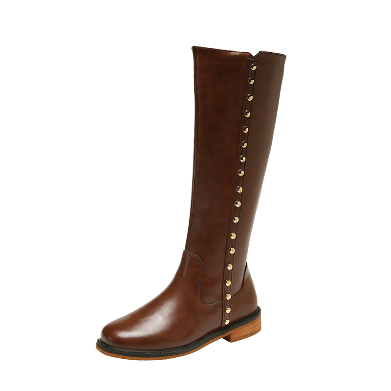 GOOSHOE Round Metal Rivet Side Zipper Women's Knee High Boots Low Heel Short Plush Inner Street Boots